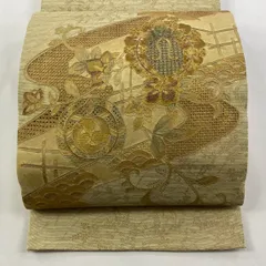 袋帯 秀品 花唐草 流水 刺繍 金彩 薄黄土色 お太鼓柄 正絹 【中古】