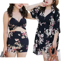 BEYANE 水着 レディース 体型カバー 大きいサイズ 3点セット パッド付き パレオ オールインワン ワンピース 2WAY ハイウエスト 着痩せ ショートパンツ パンツタイプ(ブラック,  5XL)