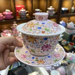 ピンク琺瑯彩 三才蓋碗 蓋付き茶碗 高級陶器製 功夫茶器 中華風