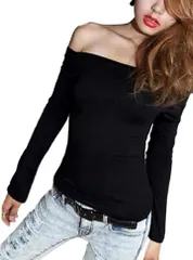 Beaumens(ビューメンス) オフショルダー トップス シャツ ブラウス tシャツ スポーティ 夏 秋 冬 肩出し ニット セクシー ワンピ 大きい サイズ レディース 柄 地雷系(14: ブラック XLサイズ,  XL SlimShort)