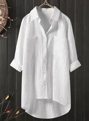 【ホワイト】チュニック ブラウス 長袖 体型カバー シャツ 白 ゆったり オーバーサイズ 大人カジュアル リネン シワ加工 春 夏 秋