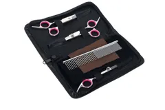 （Manaheart）ペット 犬 猫トリミング用はさみ トリミングシザー お手入れ用品 カーブシザー セニングシザー カーブばさみ 美容ハサミトリマー ハサミ セット カット シザー 切れ味 ペット用品 美容 はさみ コーム ペットブラシング カー [ピンク]