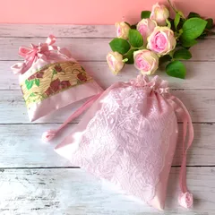 💖一点モノ💖 バラ柄 リボン＆レース 巾着 2点セット フェミニンピンク