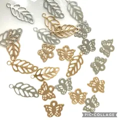 【透かし　メタルパーツ　ミニサイズ　リーフ　バタフライ　20個セット】　ゴールド　シルバー　カン付き　イヤリング　ネックレス　 ペンダントトップ　ブレスレット 　レジン封入　キャンディーバック　 アクセサリーパーツ