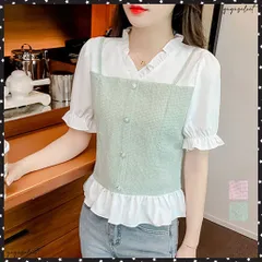 シャツブラウス 半袖 フリルVネックレディーストップス パフスリーブ 大人可愛い レイヤード風 通勤通学 プルオーバー おしゃれ 配色 パールボダンきれいめカジュアル フェミニン 春夏秋 韓国ファッション