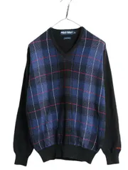 【お得なクーポン配布中!】 90s ポロゴルフ チェック コットン ニット セーター メンズ S 古着 90年代 オールド POLO GOLF ラルフローレン Vネック リブ編み ブラック
