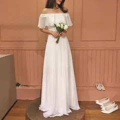 ウェディングドレス ロングドレス スレンダードレス オフショルダー ワンピース 白 シフォン 二次会 結婚式 前撮り ブライダル 花嫁 ウエディングドレス
