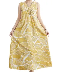 [Elixio] [エリクシオ] リゾートワンピース ロングワンピース マキシ丈ワンピース ノースリーブ ロングスカート Vネック 大きいサイズ ゆったり (JP, アルファベット, M, イエロー) [イエロー] [M]