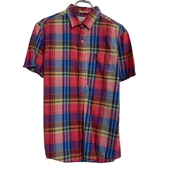 半袖 チェックシャツ M ピンク系 ブルー イエロー ボタン 総柄 胸ポケット カジュアルシャツ 薄手 古着卸 アメリカ仕入 a703-6077