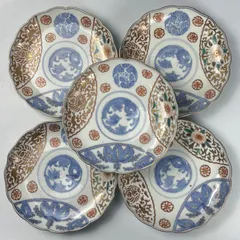 古伊万里皿　錦手皿　陶器 献上手古伊万里焼】飾絵皿（大）染錦本金招福軍配図