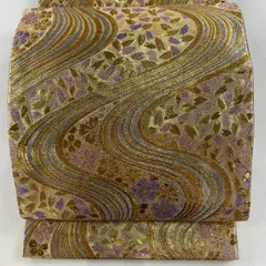 袋帯 秀品 振袖向き 桜 流水 金糸 箔 金色 六通 正絹 【中古】