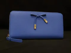 ■美品■ kate spade ケイトスペード レザー リボン ラウンドファスナー 長財布 ウォレット 札入れ 小銭入れ ブルー系 DK6480