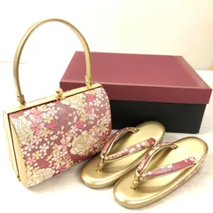 【美品】 草履 バッグ セット ／ Zori Sandals & Handbag Set ピンク ゴールド 桜柄 フォーマル 振袖 訪問着 留袖 成人式 結婚式 和装小物