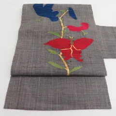 名古屋帯 紬地 蝶々文様 灰色D お太鼓柄 八寸帯 カジュアル 仕立て上がり 長さ354cm