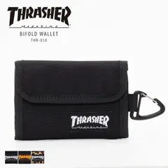 【新品・未使用】 財布 メンズ THRASHER スラッシャー 二つ折 コンパクト 二つ折り ブランド ファスナー 薄い 小さめ 小銭入れ 外側 薄型 カラビナ付き カラビナ マジックテープ 二つ折り財布 小銭入れあり おしゃれ ブラック 黒 THR-010のサムネイル