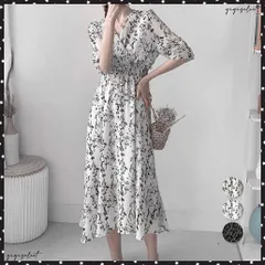 花柄 フレアワンピース春夏カシュクール風レディース 上品 Vネック ロングワンピース 半袖 リゾートワンピ レジャー旅行 大人サマーワンピ ウエストマーク韓国風夏ワンピース細見え シフォンワンピ 黒 レトロ風フェミニン