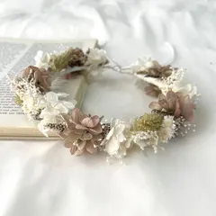 ドライフラワー×プリザーブドフラワー ベビー花冠 / くすみカラーの×ふんわりボリューム あじさいの花かんむり / ボリュームフラワークラウン01