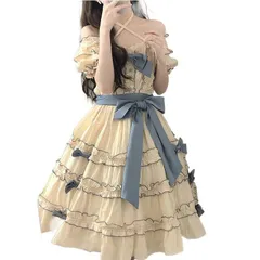 ワンピース ロリータ ファッション オフショルダー 半袖 フリル レース リボン かわいい ゆめかわ おしゃれ ドレス コスプレ パーティー イベント ステージ 衣装 コスチューム ガールズ 女子 ウェストリボン 森ガール ゴシック レディース