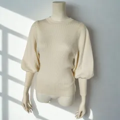 エヌ ナチュラルビューティーベーシック N. Natural Beauty Basic　羊毛 ウール100％ニット クルーネック ロングバルーンスリーブ 袖ロングリブ リブニットカットソー　ホワイト　レディース