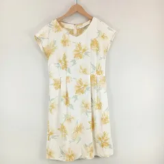 オフオン ofuon インナー付き フレンチスリーブ ワンピース 花柄 38 黄系