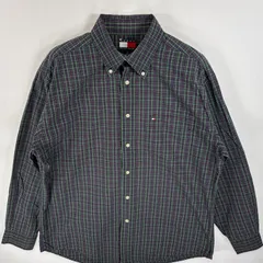 古着 90's/90年代 トミーヒルフィガー TOMMY HILFIGER 長袖シャツ ボタンダウンシャツ ワンポイント 刺繍 ロゴ 胸ポケ M  グリーン系 チェック メンズ