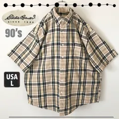 90s台湾製/白タグ★エディーバウアー Eddie Bauer★半袖ボタンダウン/ビッグシャツ★ベージュチェック★USAメンズL  2404A117