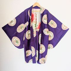 Japanese Vintage Haori Long Purple Cherry pattern Silk Kimono Jacket Old-ⅽloth 長羽織 羽織 正絹 縮緬 紫 サクランボ柄 古布 時代布 一点物 大正浪漫 和洋折衷