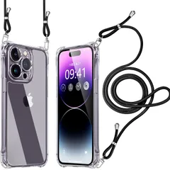 iPhone 14promax ケース クリア ショルダー 耐衝撃 レンズ保護 肩掛け 首かけ 斜めがけ 縄掛け カバー 調節可能な 透明 落下防止 縦/横 紛失防止 2WAY （ブラック）