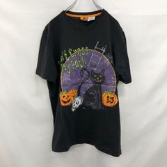 M　Don't　Cross　My　Path　HALLOWEEN　黒猫　カボチャ　ドクロ　黒　Tシャツ　輸入　古着