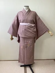 着物　袷　正絹　付け下げ　刺繍　梅鼠色　リサイクル着物　h-216