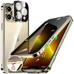 HGUTREY【覗き見防止・自動ポップアップボタン】 iPhone13 Pro Max 用 ケース 【ロック付き】【ストラップホール付き】一体型レンズ保護 両面9H強化ガラス iPhone13プロマックスケース 耐衝撃 アルミ バンパー メタルフレーム ス 0