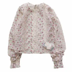 17AW リリーブラウン Lily Brown フラワー 刺繍 ブラウス 長袖 レース シアー シースルー 花柄 キャンディースリーブ ベロアリボン ノーカラー シャツ プルオーバー カットソー トップス F パープル ピンク BLM7 レディース