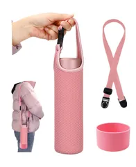 【数量限定】大人 調節可能 子供 ペットボトルカバー サーモス水筒カバー 底カバー付き 水筒 落下防止 と ショルダーベルト ハイキング旅行やキャンプ 水筒ケース 550ml (ピンク 保冷 保温 550ml) 水筒カバー aninako