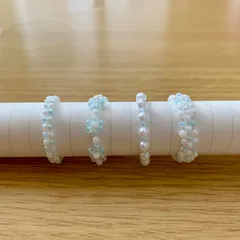 ハンドメイド ビーズリング お花モチーフ 青系