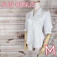 SUN BENUS サンビーナス レディース トップス ブラウス シャツ 半袖 白 シロ ホワイト 縞模様 ストライプ Mサイズ M 9号 (5608 bbb250)
