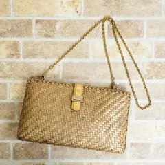 ランセル LANCEL ☆ ヴィンテージ カゴ チェーン ミニショルダーバッグ クラッチ 伊製 イタリア製 天然素材 オリーブベージュ系のサムネイル