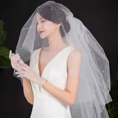 ウエディングベール ショート花嫁 パールビーズ ベールダウン 二段 コーム付き ホワイトチュール 人気 コーム付き ヴェール ドレスの飾り用品 櫛付き コーム ブライダル 刺繍 ハーフ丈 ショート ベール ミドル丈 ロング 写真撮影 ビーチ ロケーション704