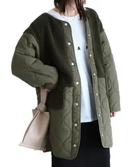 Free Size_アーミーグリーン [SPRING SEAON] キルティングコート レディース 切り替え 異素材ドッキング 軽量 ノーカラーコート ボア ロングコート 大きめ ゆったり 楽ちん 体型カバー 秋冬 防寒 Free Size アーミーグリーン