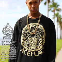 ACE FLAG ロンT ストリート メンズ レディース 黒 白 大きいサイズ エースフラッグ Tシャツ 長袖 おしゃれ ペイズリー 柄 バンダナ柄 メデューサ b系 ヒップホップ ファッション ダンス ストリート系 服 AF-TL-LT-003
