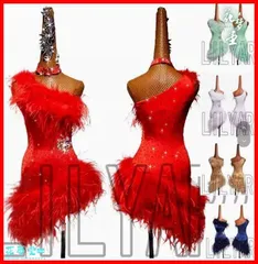 25年新作 新品未使用 ラテンドレス ラテンワンピース ダンス衣装 レッド 羽毛 オーダーメイド