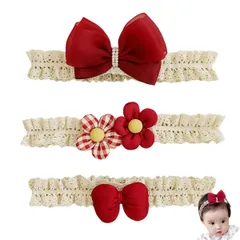 【在庫処分】リボン 花 ヘッドバンド レース ヘアアクセサリー 女児用髪ヘアゴム 新生児 髪飾り 可愛い 赤ちゃん 出産祝い フォーマル 結婚式 3点セット お宮参り 撮影 女の子 ピンク ホワイト レッド ベビーヘアバンド (レッド（3点セット） FREE)