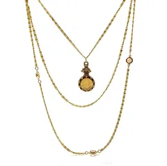 ゴルデッティ(Goldette)ヴィンテージ  3連　ゴールドGP　レイヤードネックレス　ロングネックレス　ラインストーン　カメオ風ブラウン【中古】KB-9991