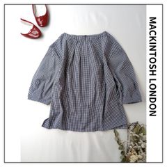 ◯MACKINTOSH LONDON マッキントッシュ ロンドン ギンガムチェック タック ギャザー プルオーバー ブラウス コットン混 38/M ネイビー 紺 (106Y＋4274)25N
