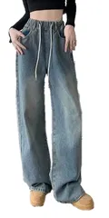 [WesRiva] アーバンクラウド デニム ルーズ ワイド ボトムス ズボン レディース ウエスト ゴム 紐 シンプル 無地 カジュアル 韓国風 韓流 きれい 綺麗 キレイ きれい 綺麗め 春 夏 秋 スウェット レディース れ [ブルー] [L] [標準]