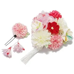 髪飾り 成人式 つまみ細工 赤 振袖 袴 花 2点セット ピンク 房付き 下がり ちりめん パールビーズ ヘアアクセ かんざし 七五三 No.9-4798