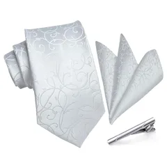 [HISDERN] [ヒスデン] 結婚式 ペイズリー ネクタイ チーフ セット メンズ フォーマル シルバー ネクタイ 3点セット 紳士用 入学式 卒業式 プレゼント TF600W8S3 0