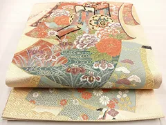 平和屋着物◎六通柄袋帯　唐織　御所車花文　金糸　正絹　逸品　BAAL6827cm