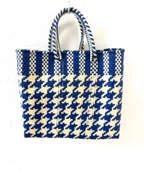 メキシコ製メルカドバッグS／ブルー×クリーム千鳥柄