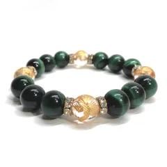 12mm 四神獣金彫水晶×グリーンタイガーアイ パワーストーン ブレスレット天然石 運気上昇 金運 健康運 お守り 青龍 白虎 玄武 朱雀 （ゴールド）メンズ・レディース　男性・女性　数珠ブレス　開運  [6]