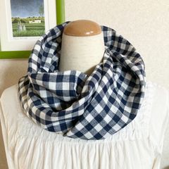 藍×白ギンガムチェック柄ダブルガーゼのふんわりスヌード、シングル、ねじりあり